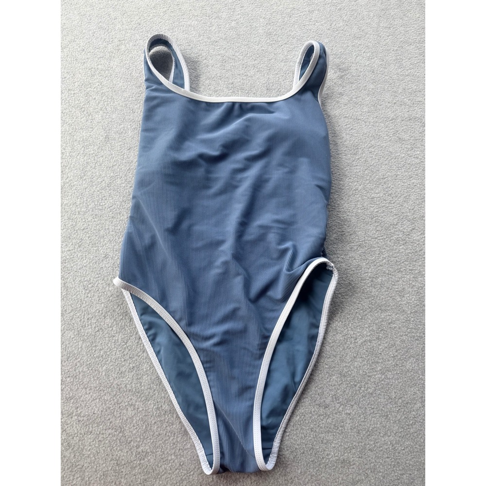LainSnow Ribbed One Piece Swimsuit Blue White Contrast Open Back Size Large USA